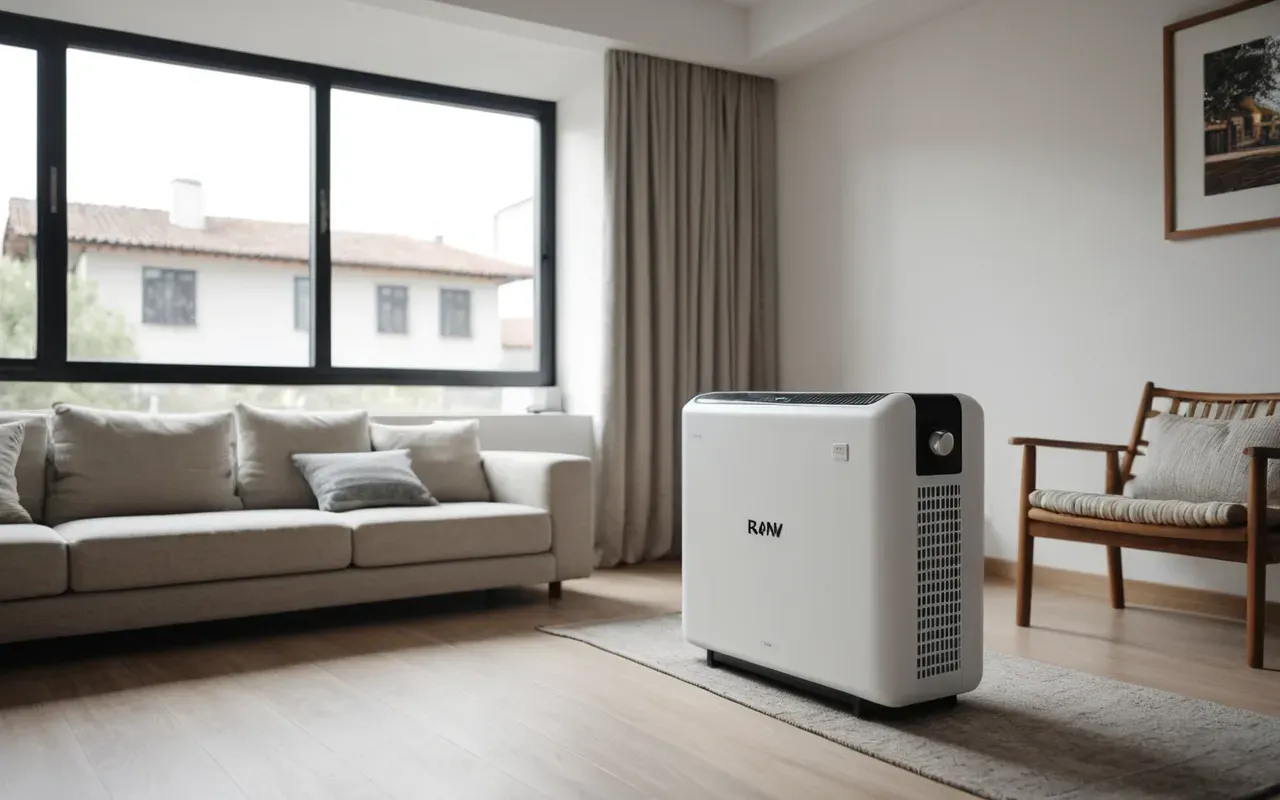 A modern minimalist living room with a white air purifier unit placed next to a large window. Soft natural light illuminates the clean space and neutral color palette.