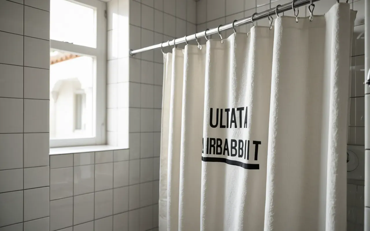 banyo tekstil bakımı ve hijyeni A person hanging a shower curtain to dry in a bright modern bathroom with white tiles and soft lighting.