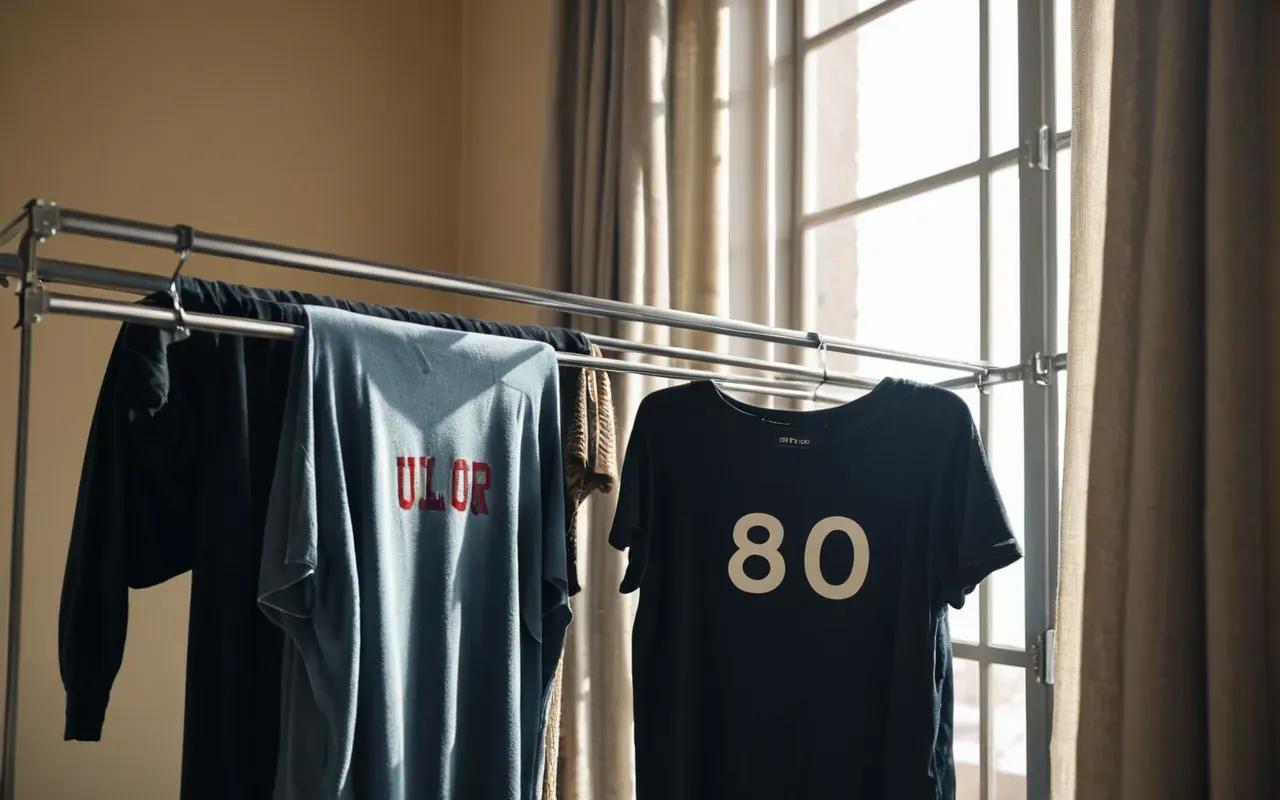 doğal kurutma alanı A person hanging freshly washed clothes on a metal drying rack near an open window. Soft morning light filters through the sheer curtains, creating a calm and fresh atmosphere in a modern minimalist living space with no visible text or branding.