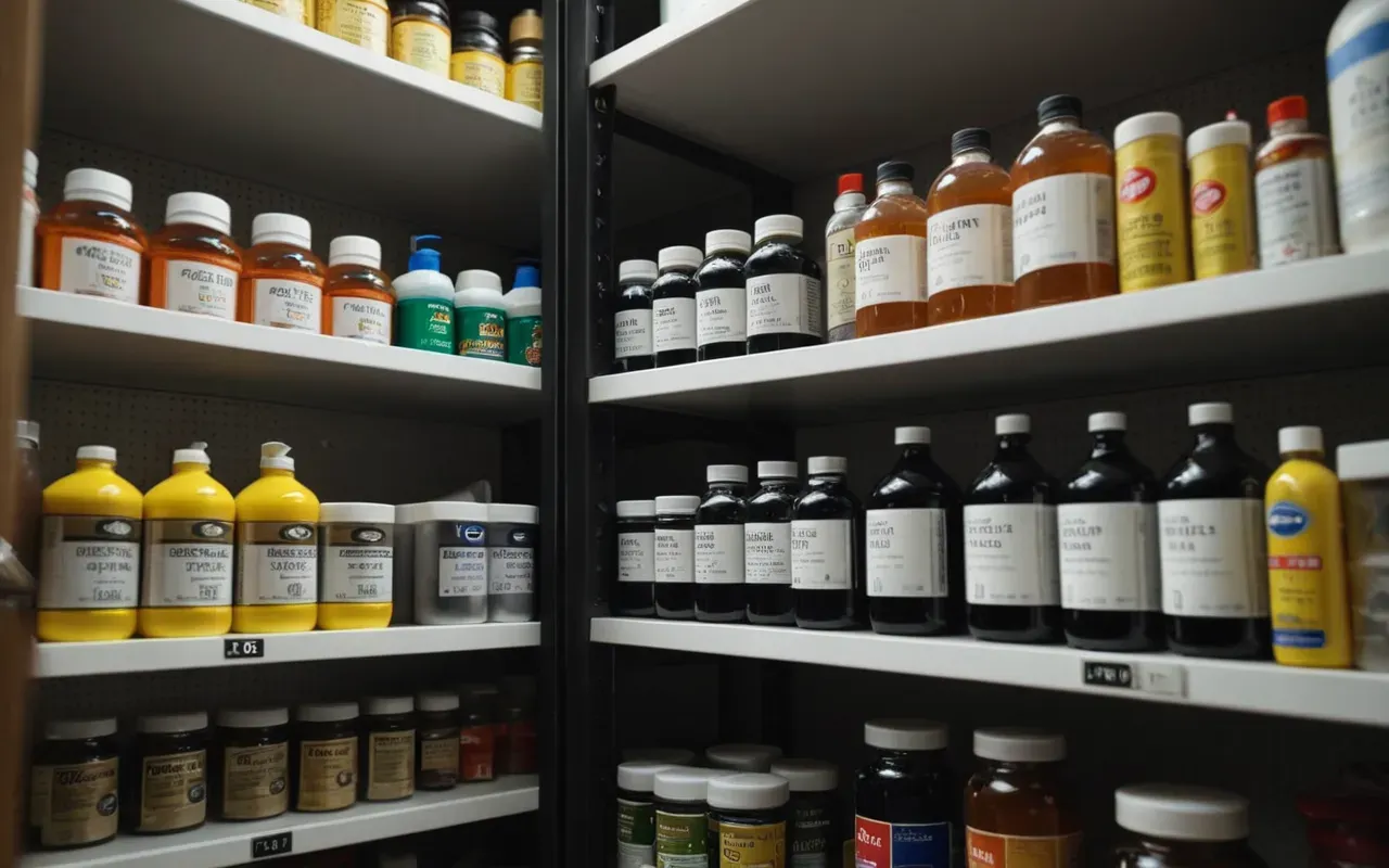 temizlik malzemesi düzenleme A person organizing cleaning supplies in a tidy pantry shelf with natural light highlighting the cleanliness and order of the space.