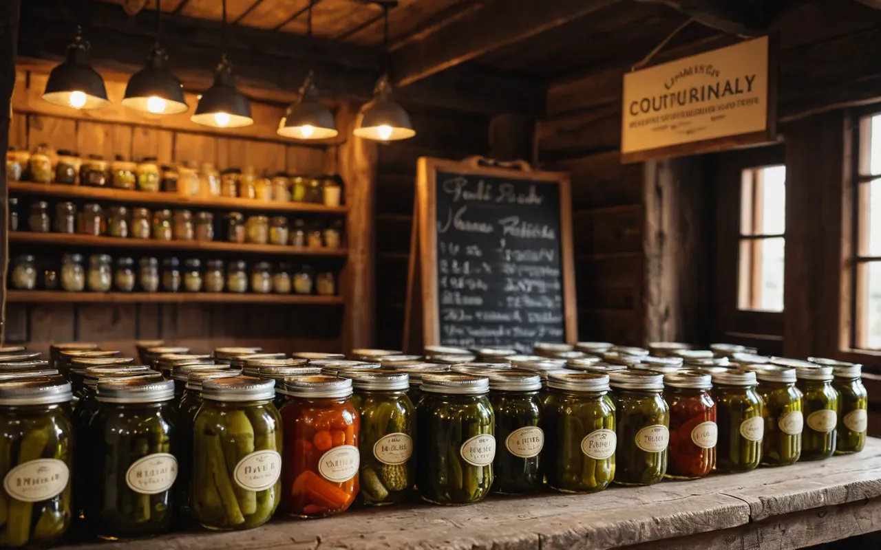 ev yapimi fermente gida A rustic wooden table featuring glass jars filled with homemade pickles and fermented vegetables. Warm ambient lighting creates a cozy atmosphere highlighting the natural preservation process.