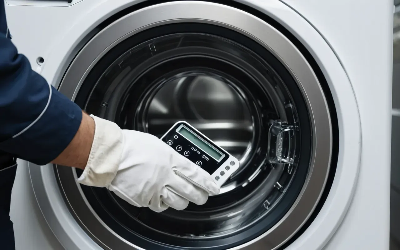 teknik servis ziyareti A technician wearing clean white gloves and a professional uniform is deeply inspecting the internal components of an open washing machine. The scene is bright with natural daylight coming from a large window in the background, highlighting the pristine condition of the workspace.