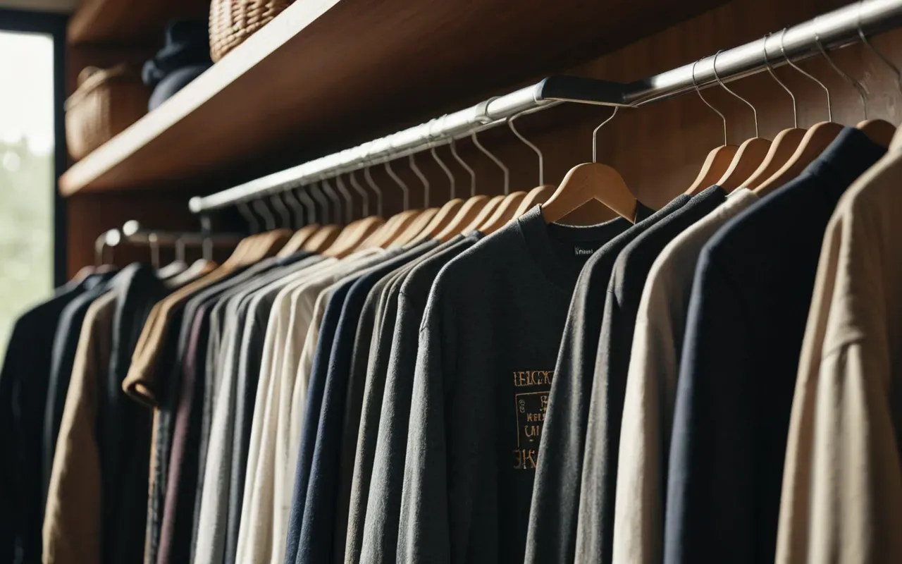 düzenli gardırop düzeni A tidy and organized closet with neatly folded clothes on shelves. A small natural air freshener sachet hangs from the rail. The scene is lit by soft ambient light, emphasizing cleanliness and order without showing any readable text or specific brand names.