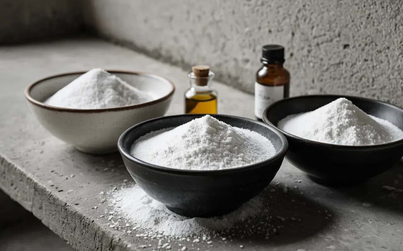 doğal koku giderici ürünler Clean editorial still life of ceramic bowls containing baking soda and essential oil bottles on a concrete surface, diffused soft light, monochrome neutral tones, minimalist composition