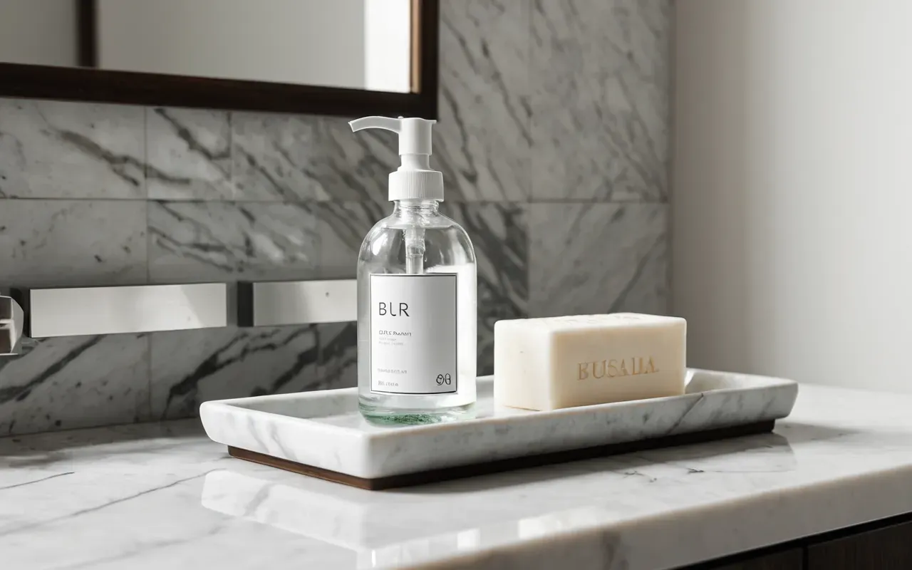 modern banyo dekorasyonu Close-up of a modern minimalist bathroom shelf with a clear glass spray bottle and ceramic soap dish on a white marble surface, soft diffused daylight from an off-screen window, clean editorial photography style.