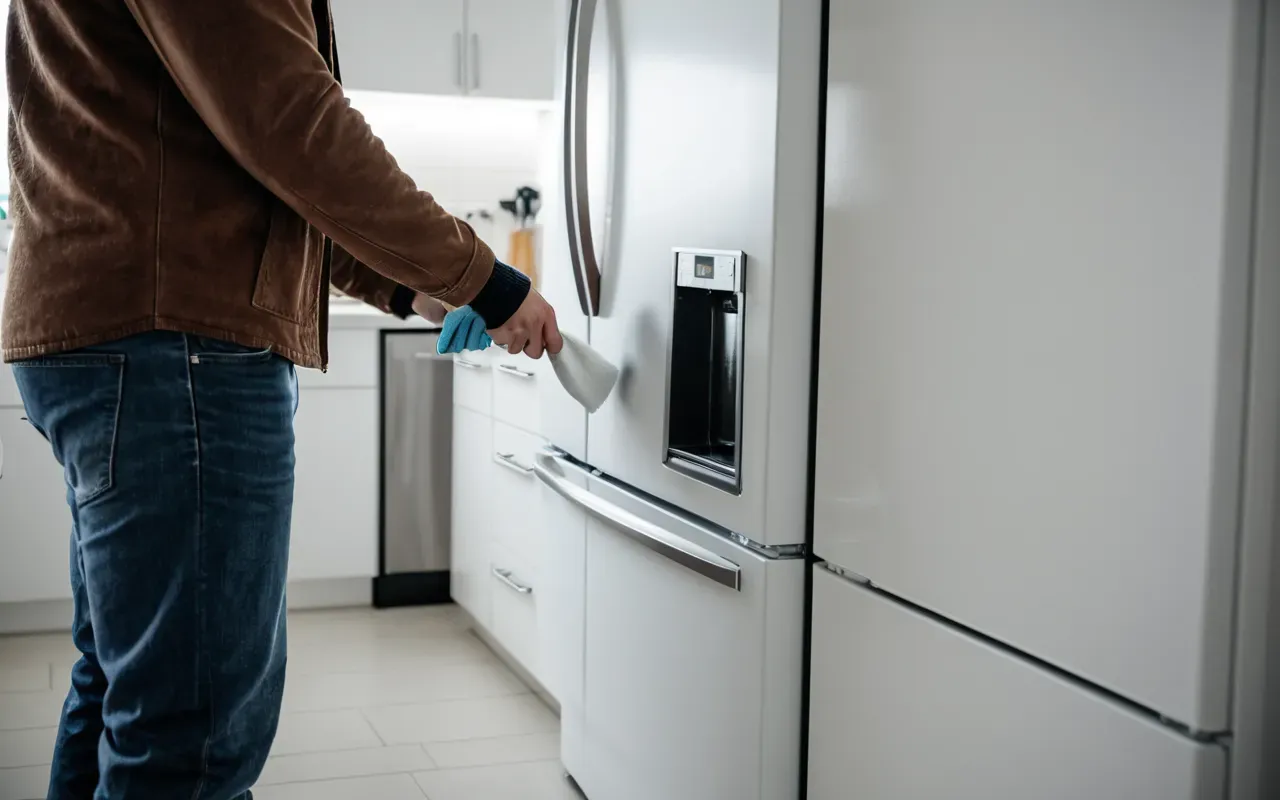 buzdolabı arkası temizliği Close-up of a person cleaning the bottom area behind a modern white refrigerator in a clean kitchen setting, bright lighting, editorial photography style