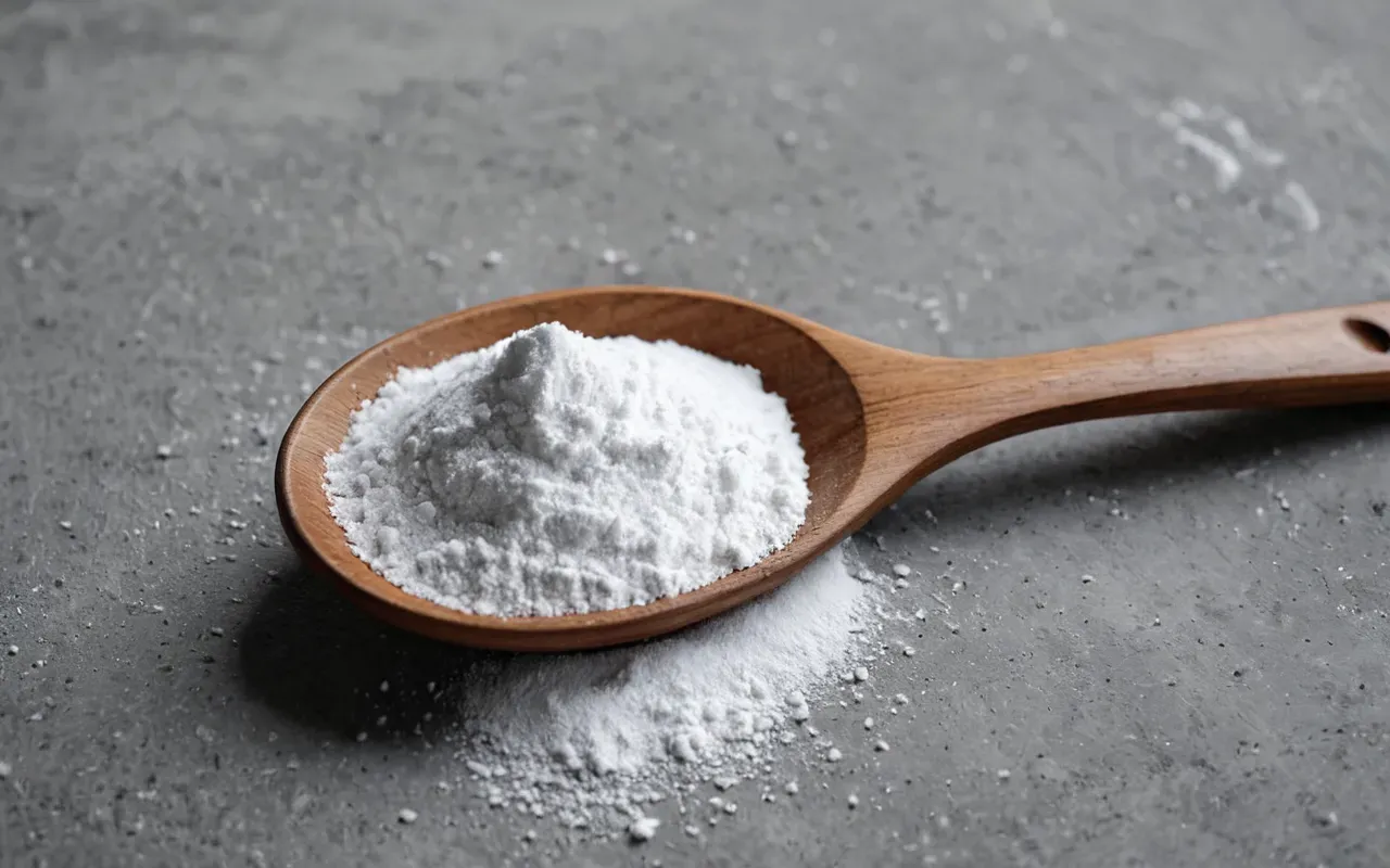 Close-up of a wooden spoon filled with white baking soda powder placed on a clean light gray concrete surface. Soft diffused lighting creates a minimalist and calm aesthetic. No text visible.