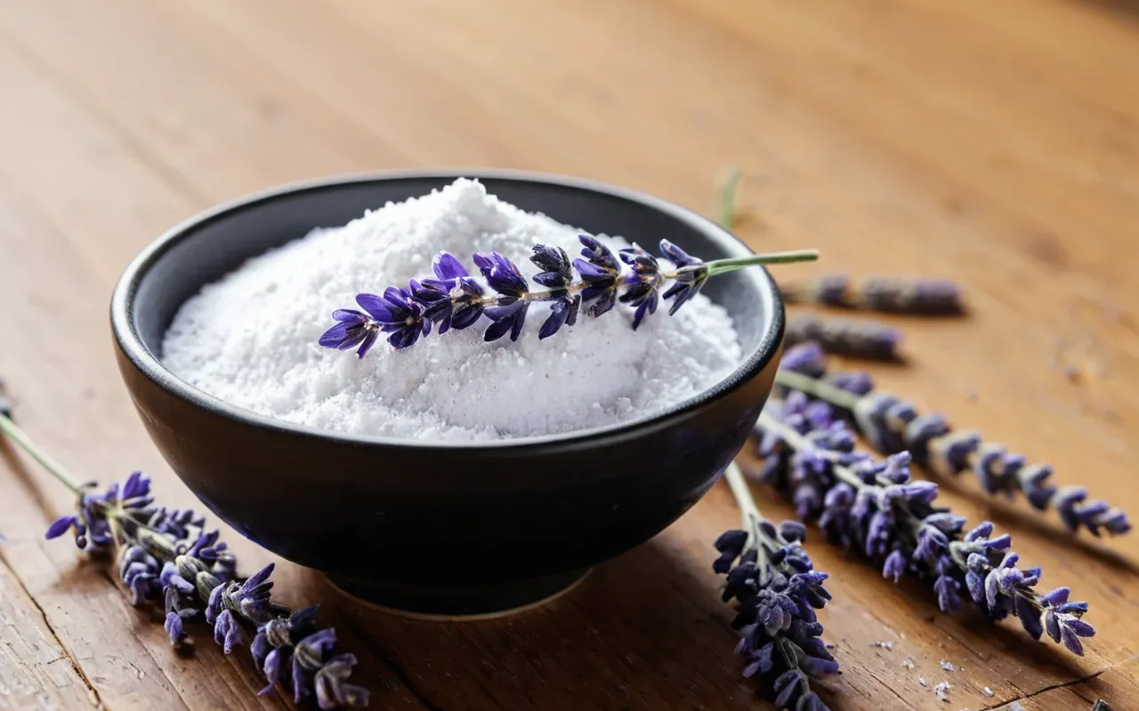 doğal koku giderici malzemeler Editorial still life of a small bowl containing white baking soda and dried lavender buds on a light wooden table, bright natural lighting from the side, shallow depth of field.