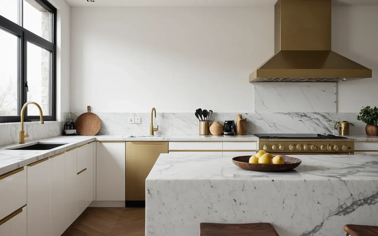 mutfak temizliği Modern minimalist kitchen interior with marble countertops and brushed brass fixtures, soft natural daylight streaming through a large window, editorial photography style