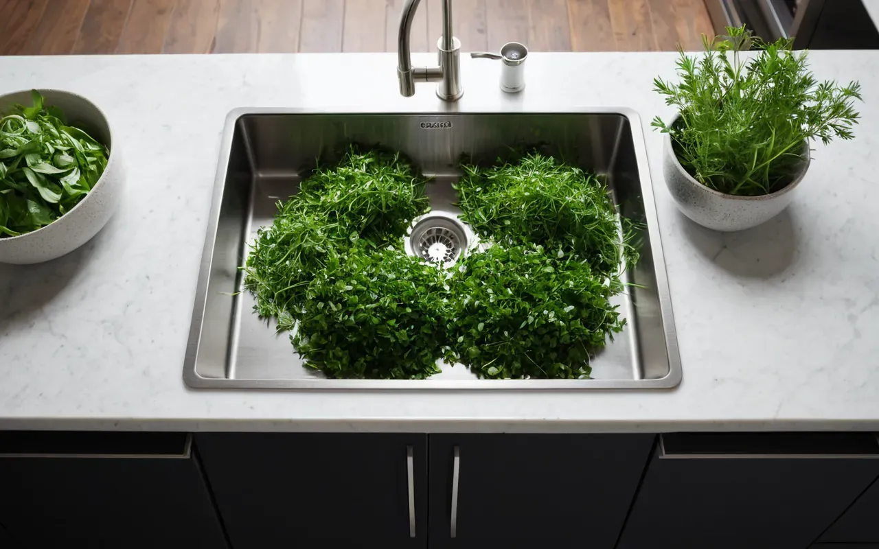 mutfak hijyeni ve düzeni Top-down view of a modern kitchen countertop with a stainless steel sink and fresh green herbs in ceramic pots, bright clean lighting, editorial food photography style.