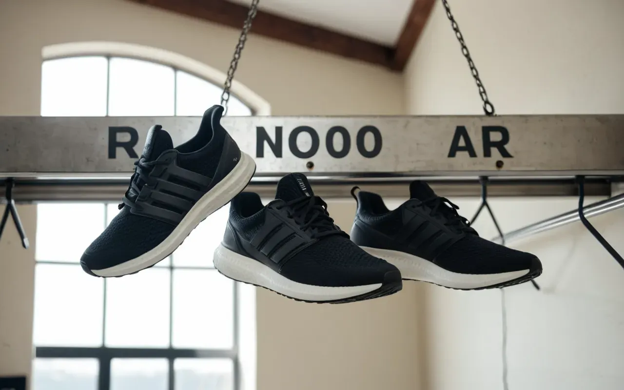 Two pairs of running shoes hanging on a metal rack in a bright airy room with open windows letting in sunlight, showing a clean and organized storage solution without any visible branding or text.