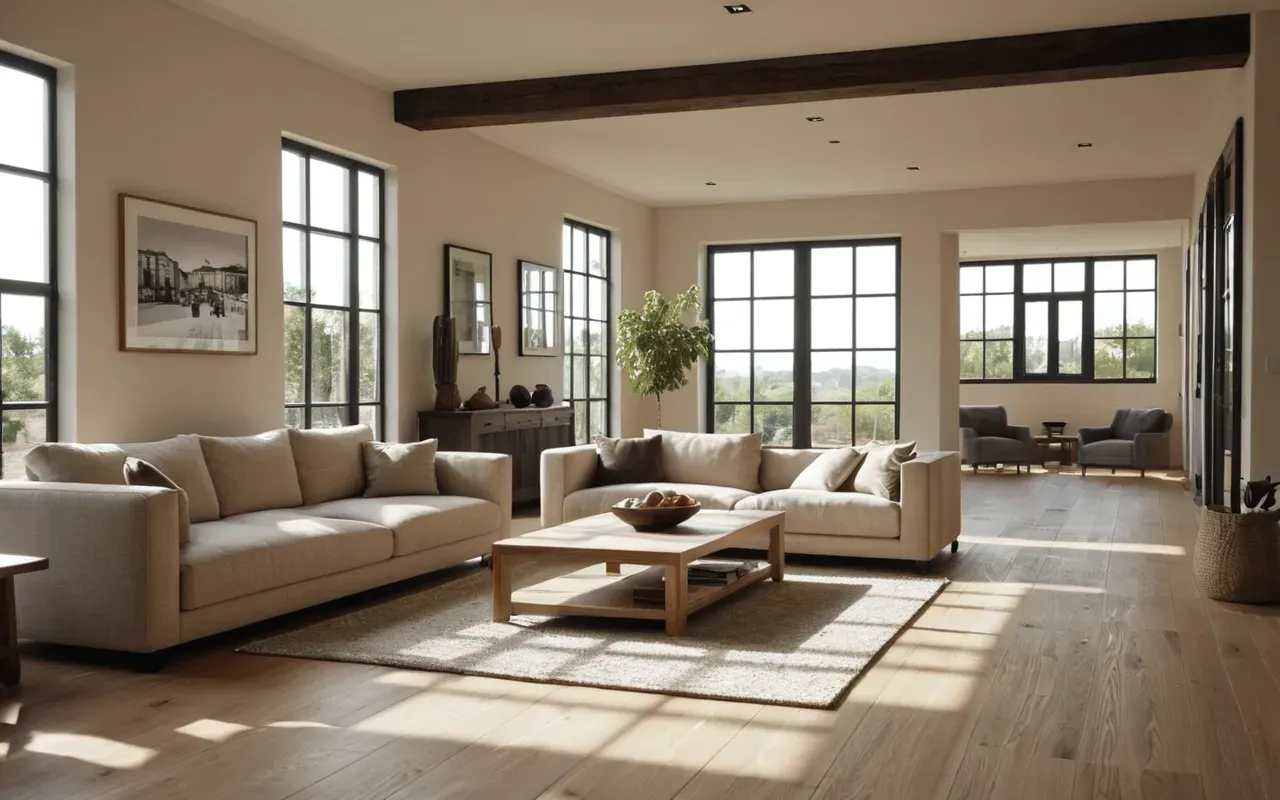 modern oturma odası aydınlatması Wide shot of a contemporary living room with light oak flooring and neutral beige sofas, soft afternoon sunlight casting long shadows on the floor, clean architectural photography.